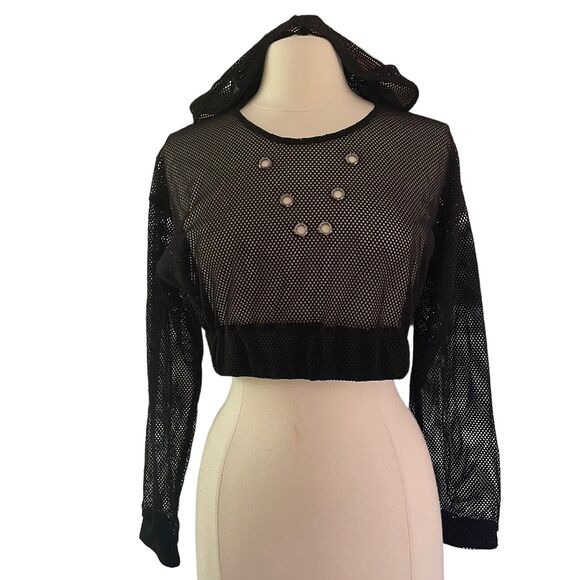 BSBW for LF Reworked NEW $132 Mesh Cropped Black Hoodie Sz S Streetwear Grommets - Picture 1 of 9